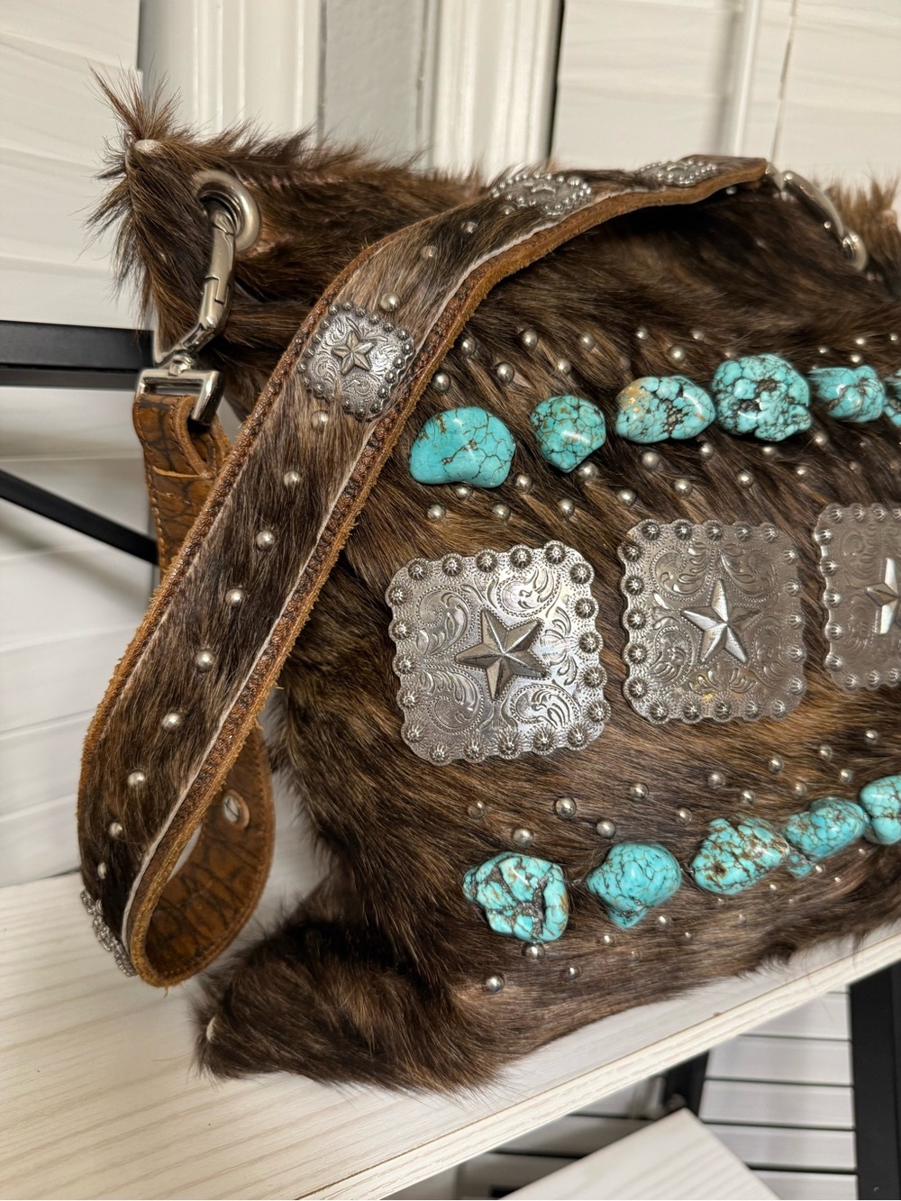Faux Fur Brown Shoulder Bag with Turquoise Stone Accents - Picture 2 of 8
